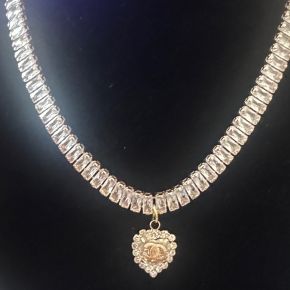 Upcycled Chanel charm on Gold Rhinestone Tennis Necklace - Picture 5 of 8